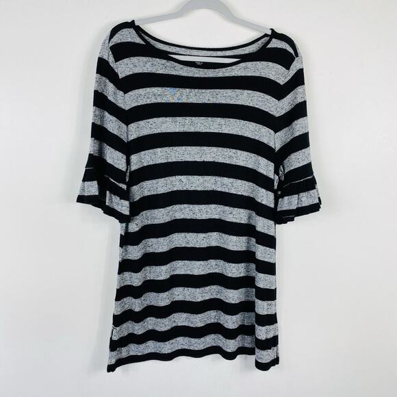 Ann Taylor LOFT Size Large Striped Ruffle Sleeve Top Black Gray Linen Blend - Picture 2 of 4